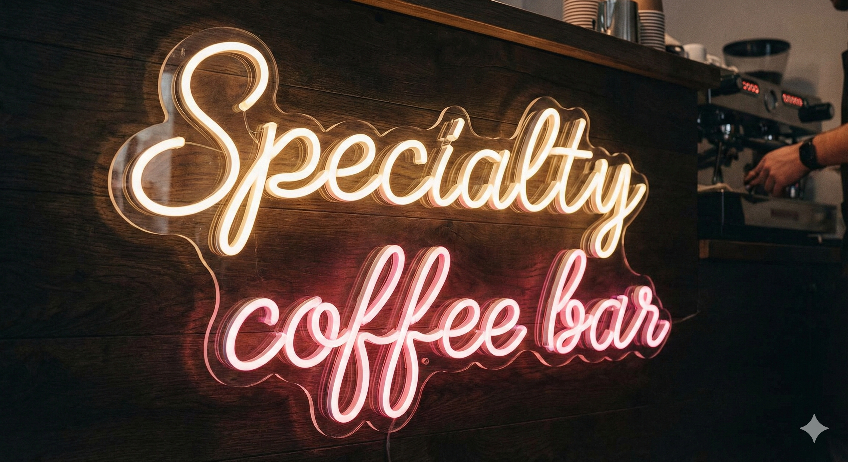 Specialty coffee bar — Warm White + Pink neon